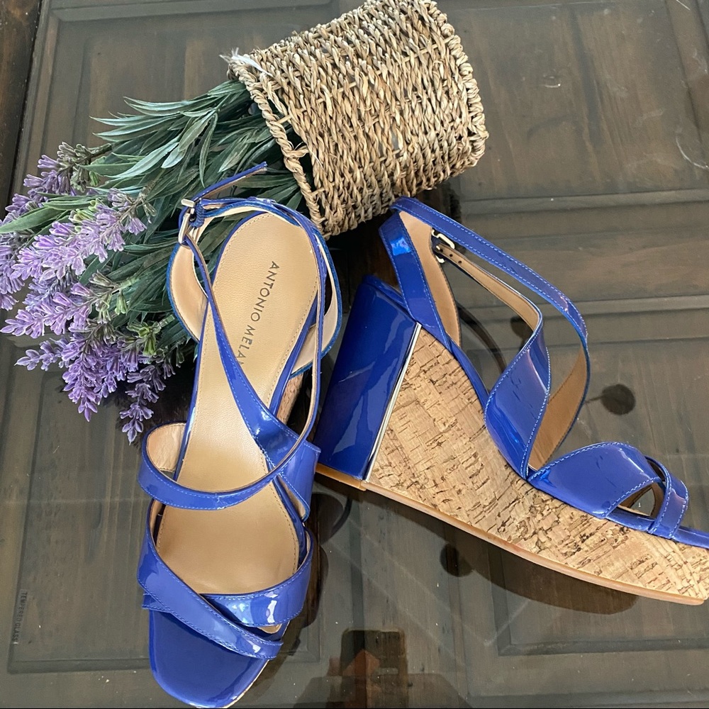 New Antonio Melani Sydniee Blue Patent Cork Wedges